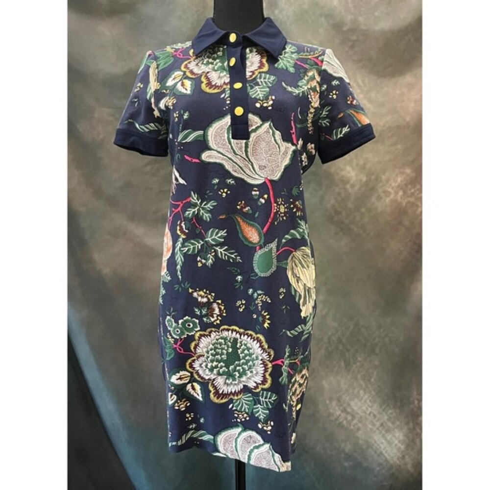 Tory Burch Floral Print Ponte Polo Dress Happy Times Navy Blue Polo Shirt Dress